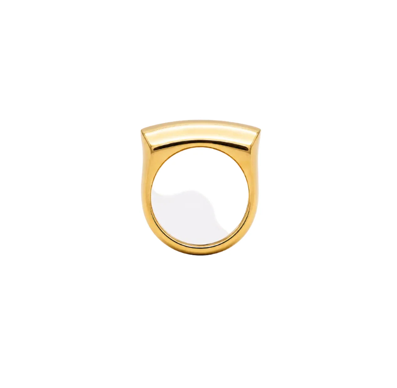Gold ring with a white stone on a white background