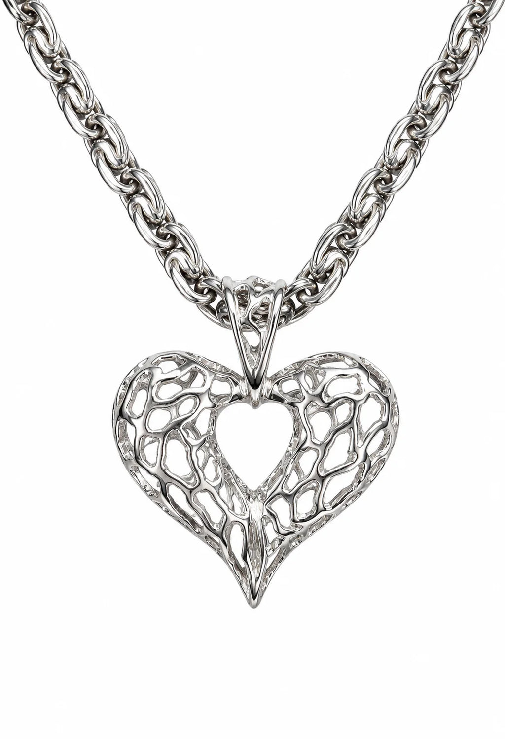 Silver heart-shaped pendant on a chain against a white background