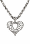 Silver heart-shaped pendant on a chain against a white background