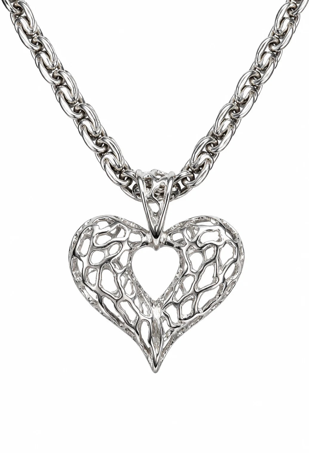 Silver heart-shaped pendant on a chain against a white background