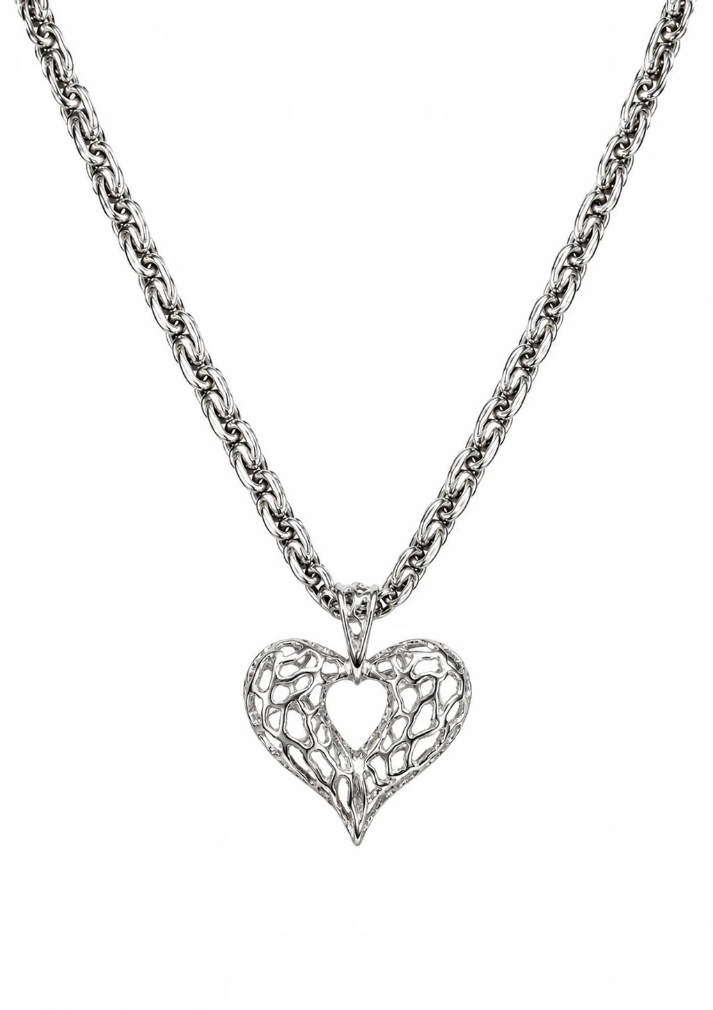 Silver heart-shaped pendant necklace on a white background