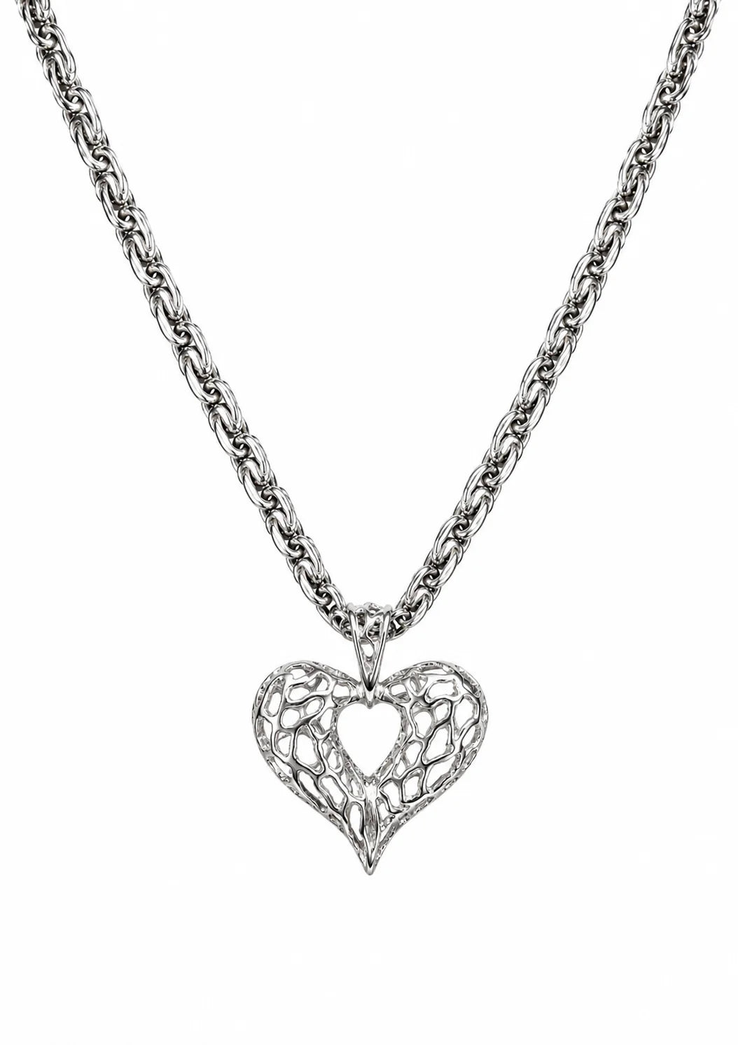 Silver heart-shaped pendant necklace on a white background