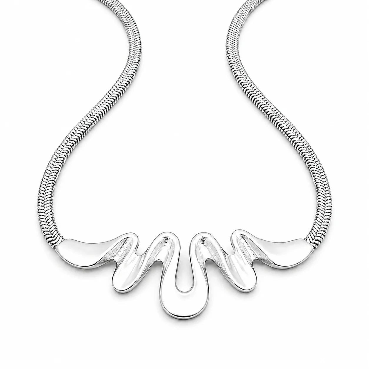Silver necklace with a wavy pendant on a white background