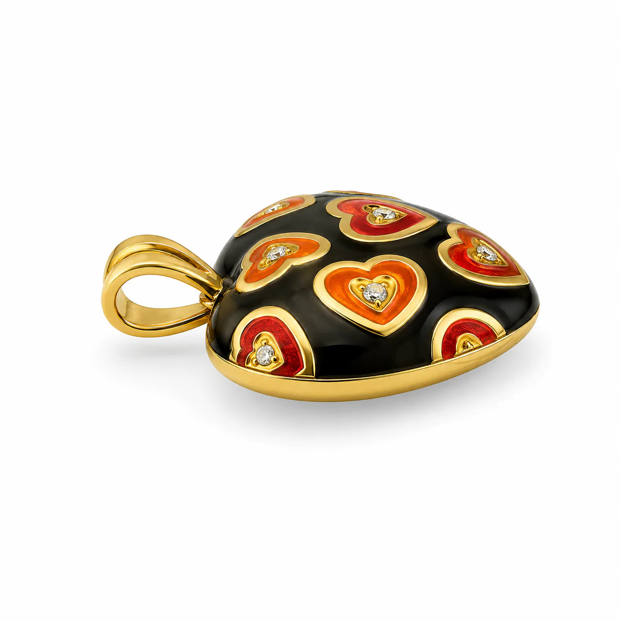 Hearth shaped Necklace with a decorative pendant worn by a person in a plain background