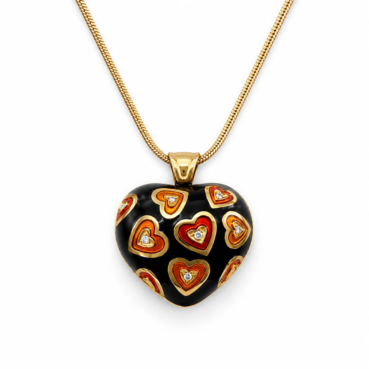 Hearth shaped Necklace with a decorative pendant black and orange colored