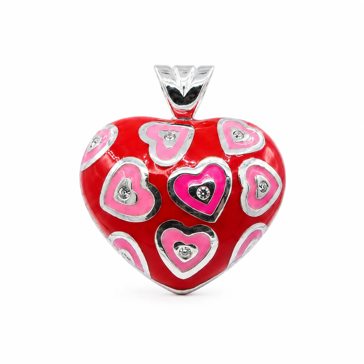 Heart-shaped pendant with red and pink heart designs on a white background