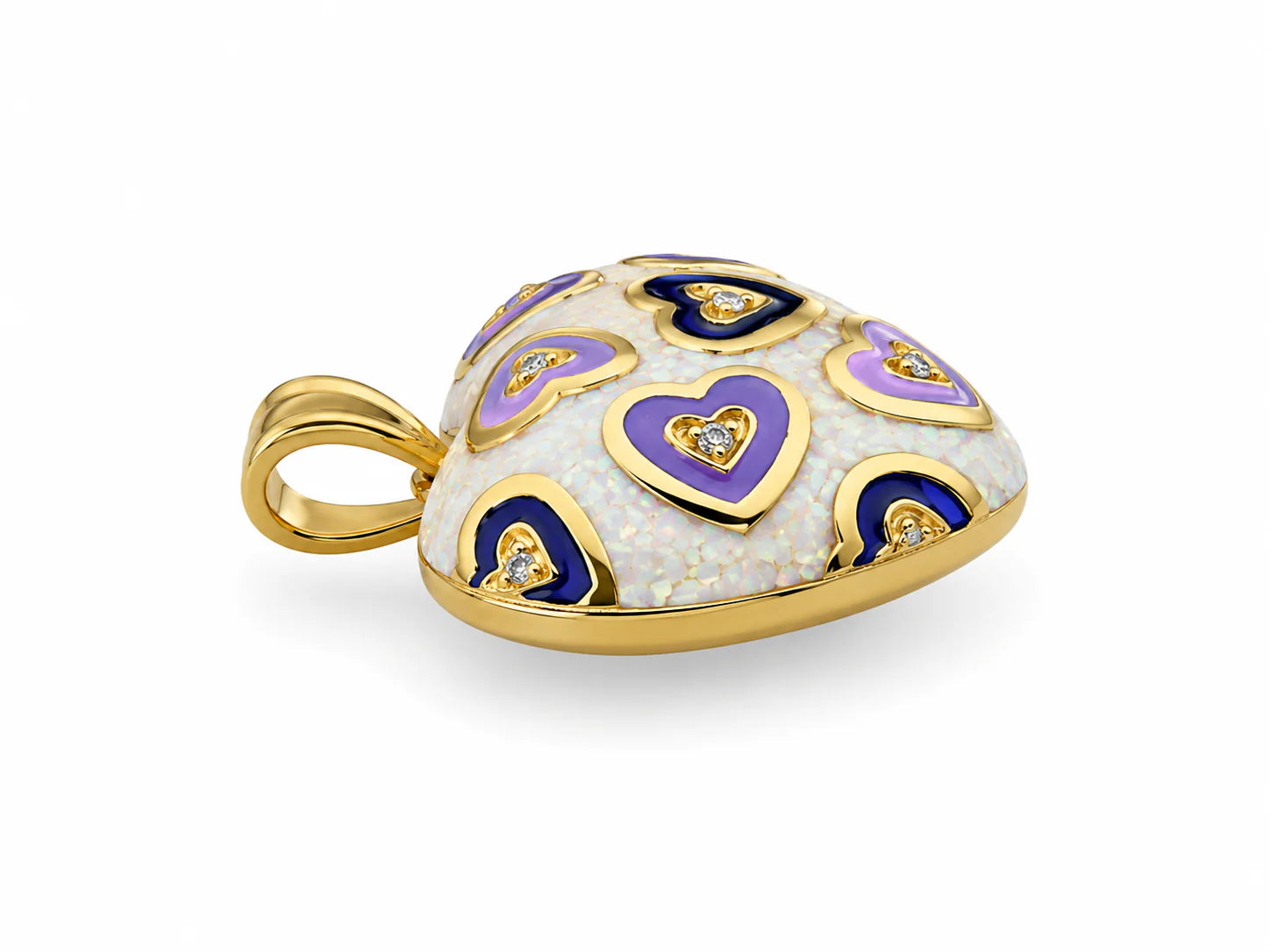 Heart-shaped pendant with gold, purple, and lilac enamel on a white background