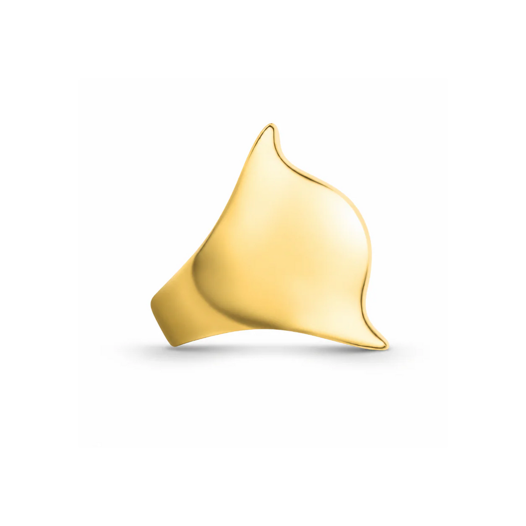 Gold ring with a unique, organic design on a white background