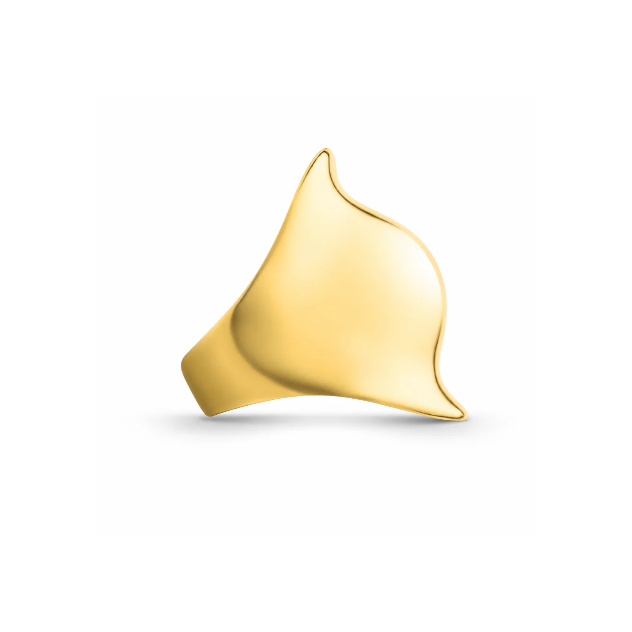Gold ring with a unique, organic design on a white background