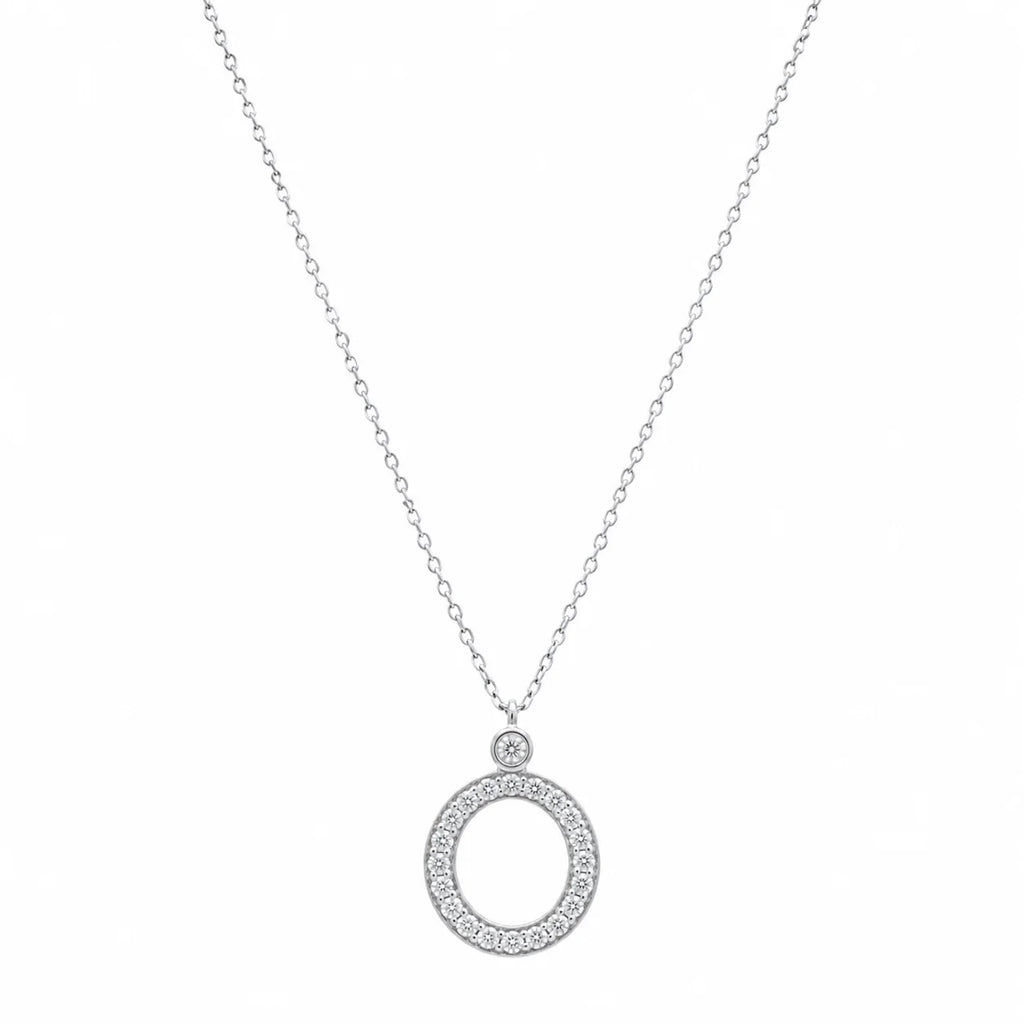 Silver necklace with a circular pendant on a white background