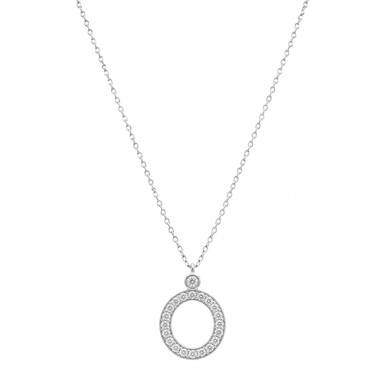 Silver necklace with a circular pendant on a white background