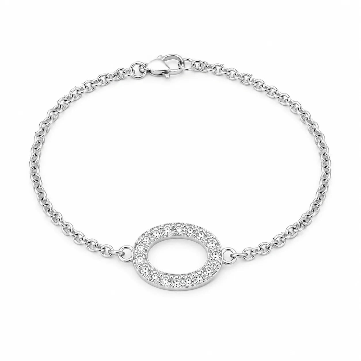 Silver bracelet with a circular design on a white background