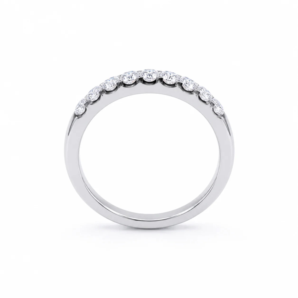 Silver ring with small diamonds on a white background