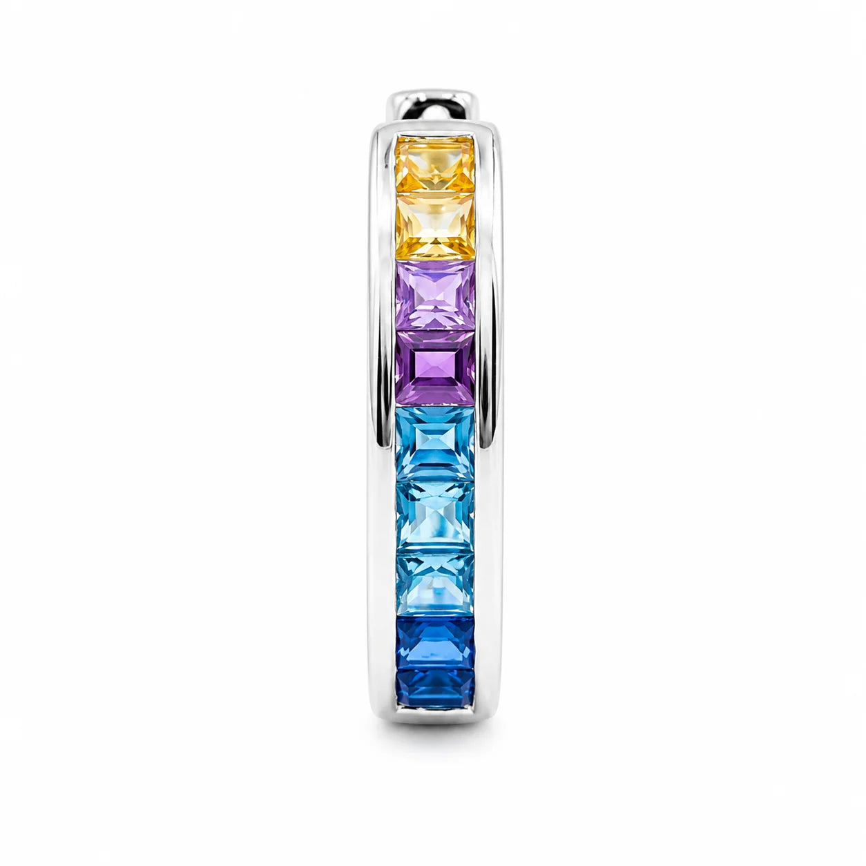 Silver hoop earring with multicolored square gemstones on a white background