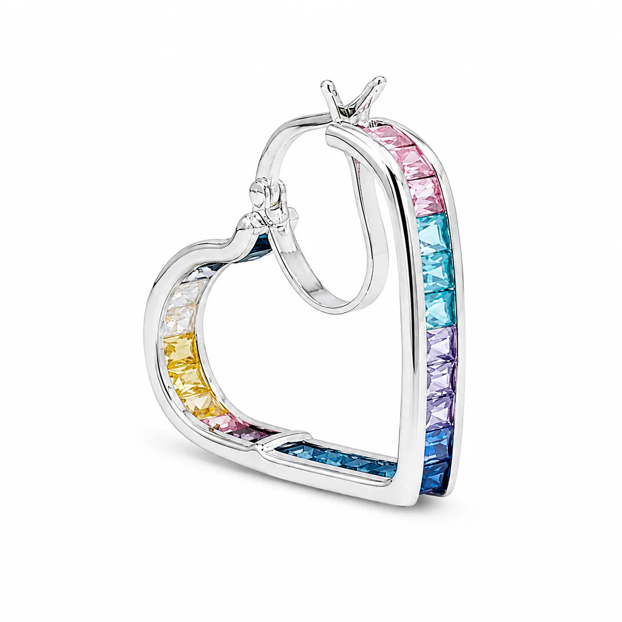 Heart-shaped earring with multicolored gemstones on a white background