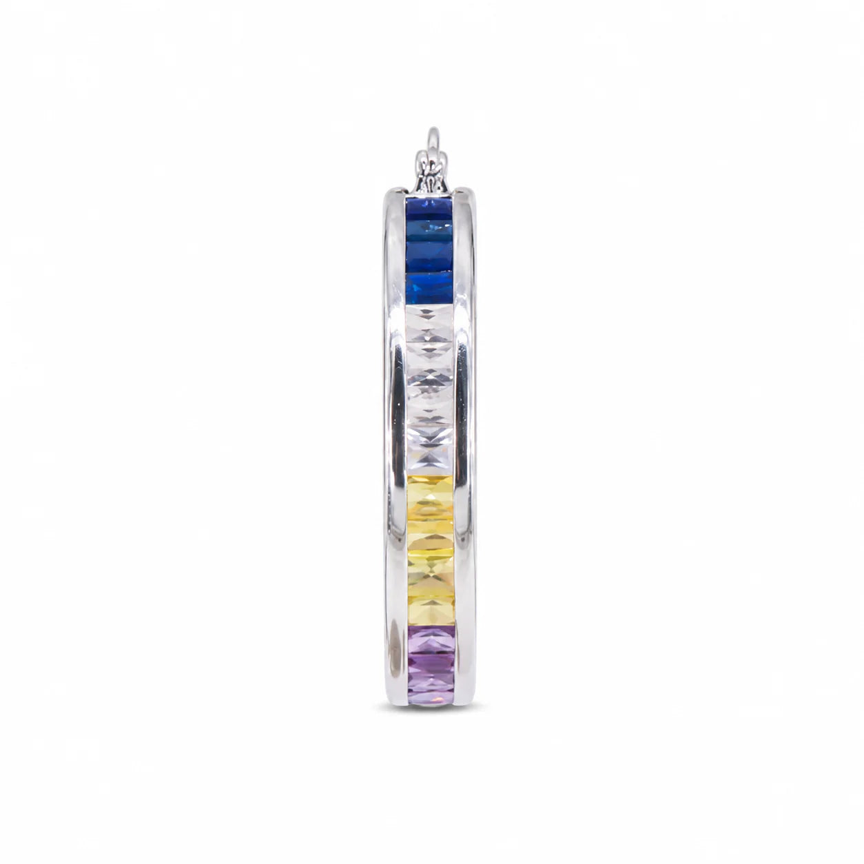 Multicolored hoop earrings on a white background