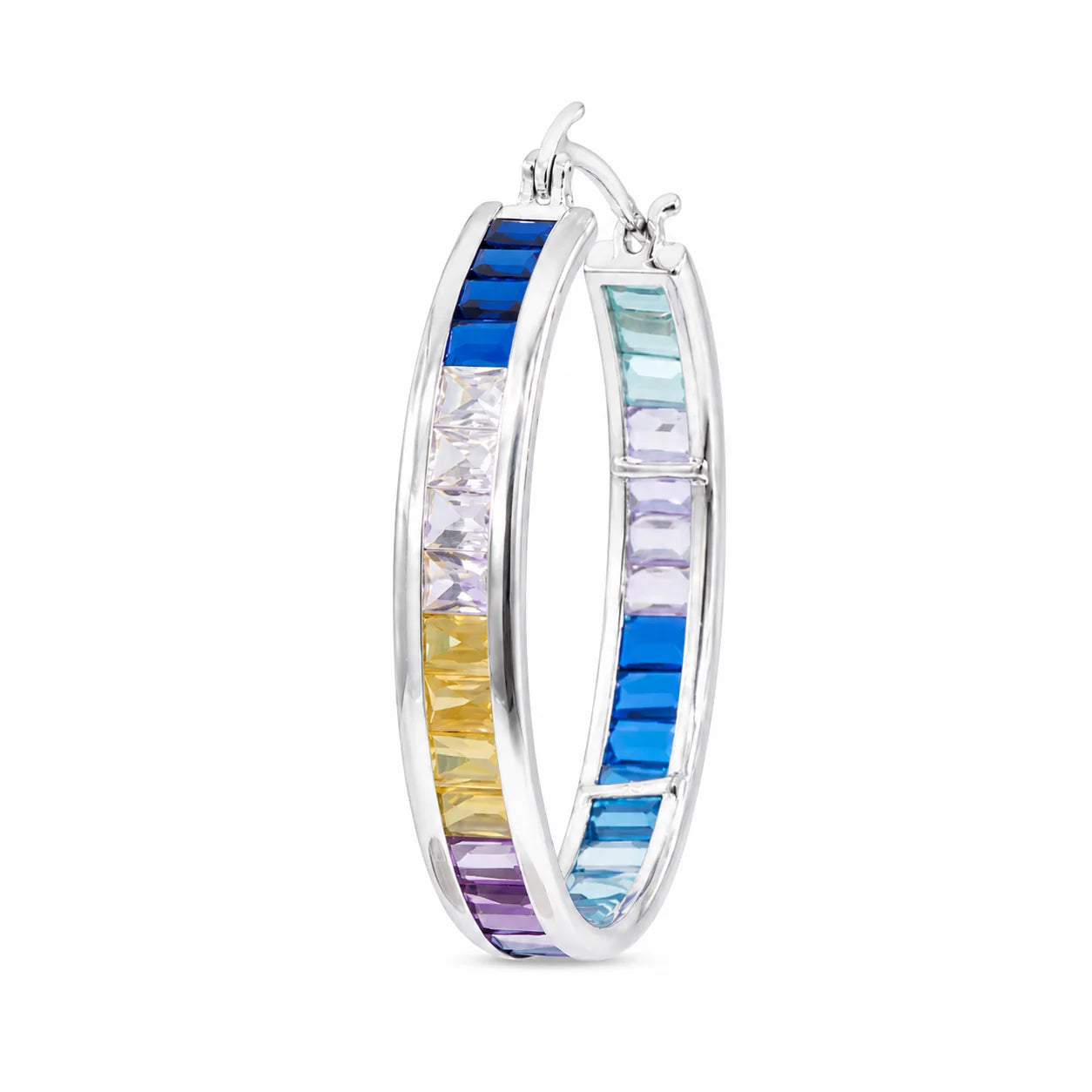 Multicolored hoop earrings on a white background