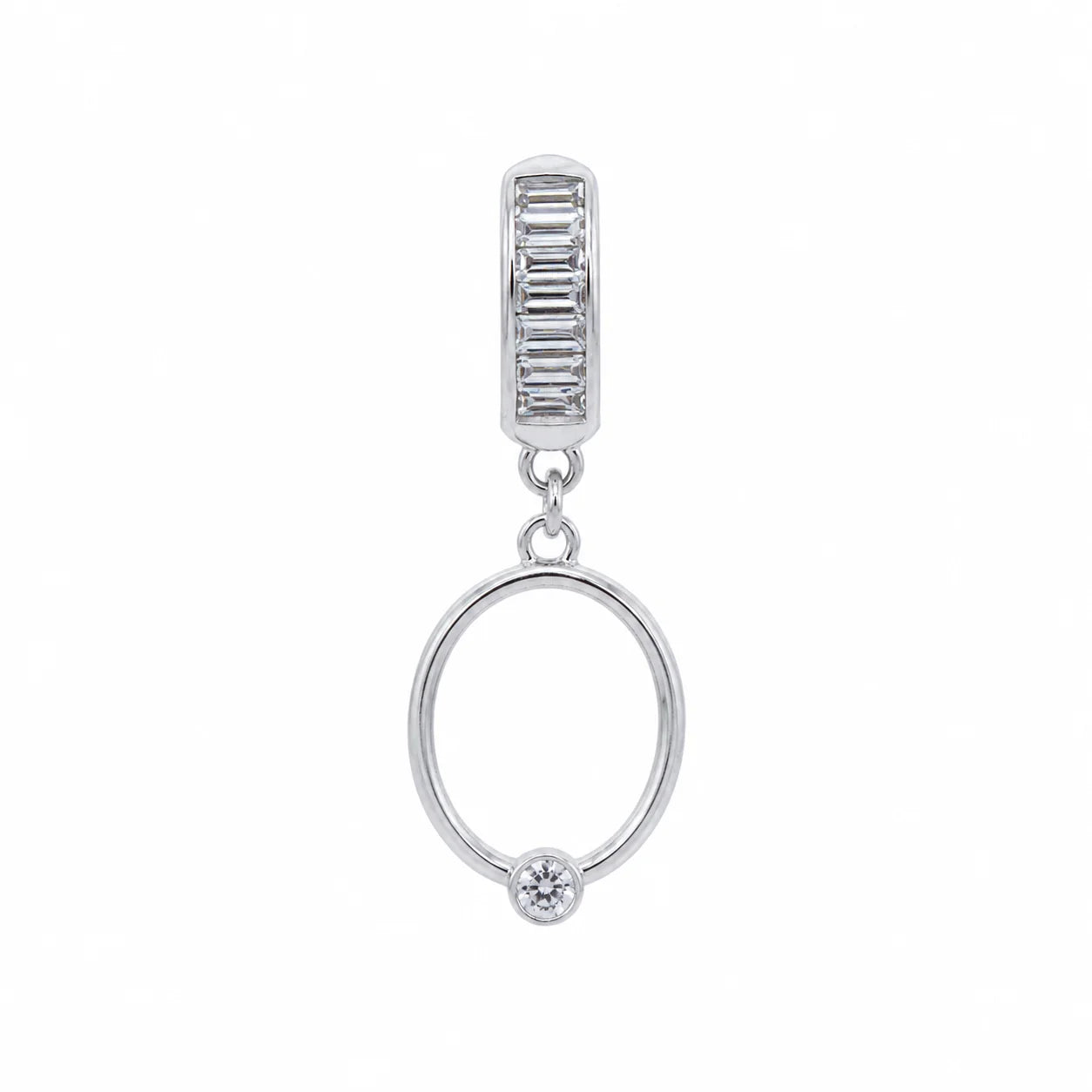 Silver earring with a round design and smaller pendant on a white background