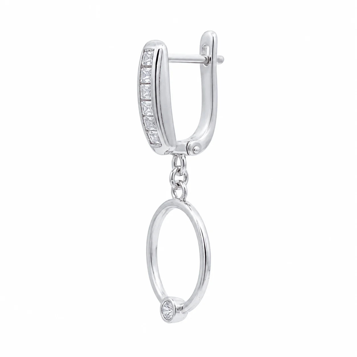 Silver hoop earring with a small round gemstone on a white background