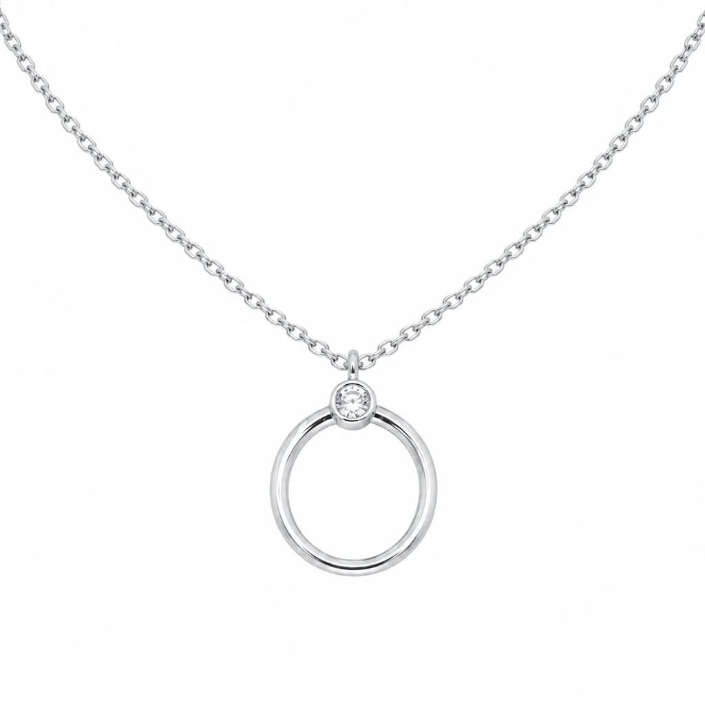 Silver necklace with a circular pendant on a white background