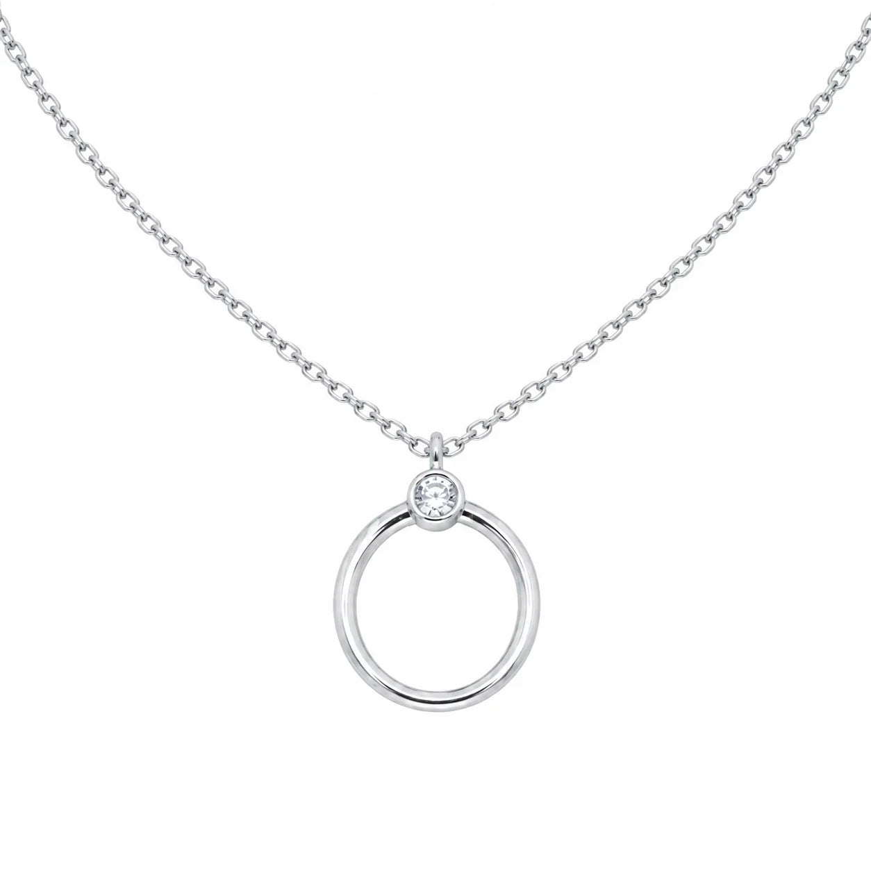 Silver necklace with a circular pendant on a white background