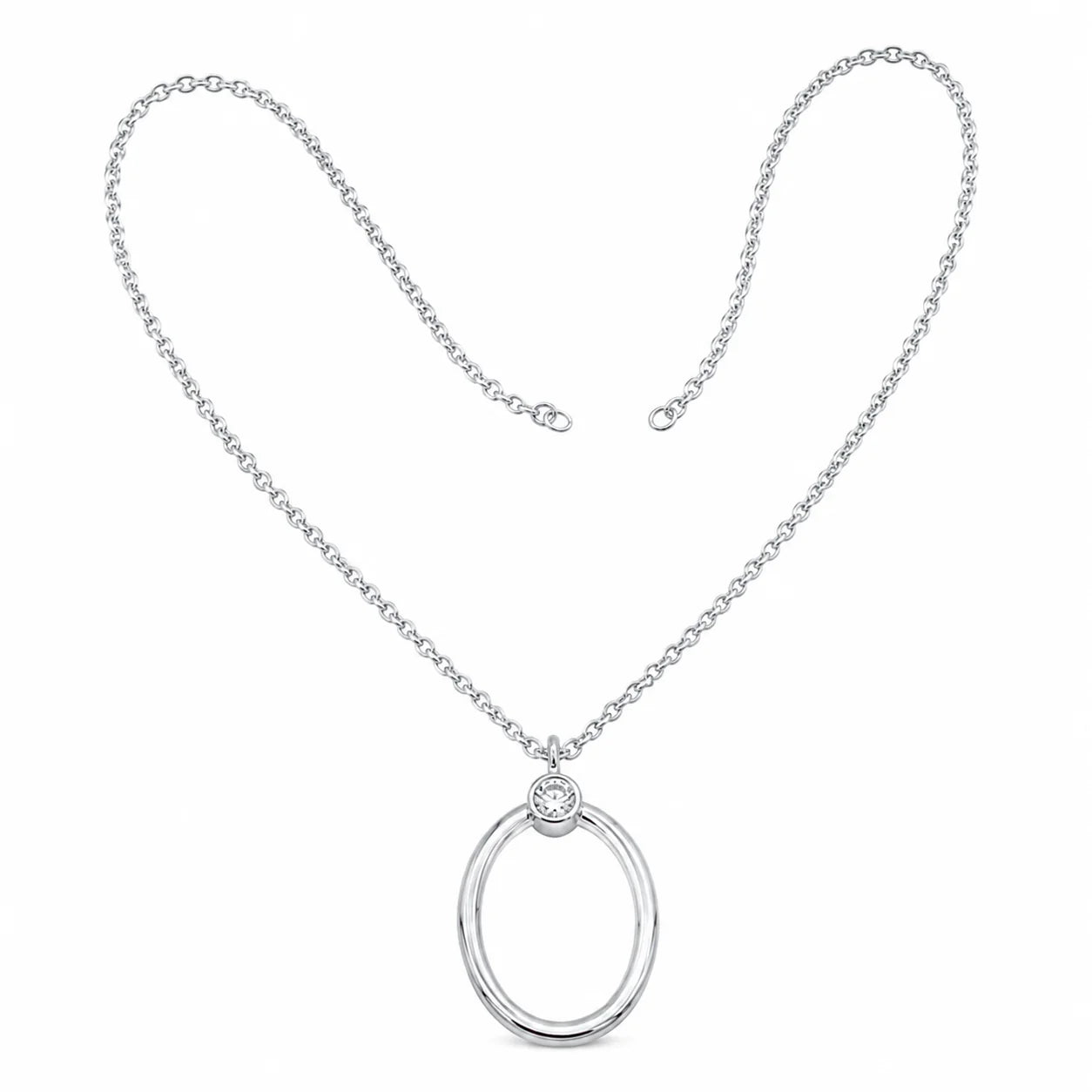 Silver necklace with a circular pendant on a white background