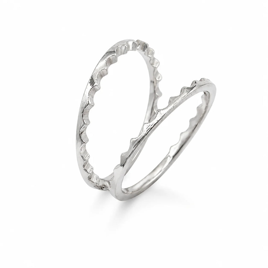 Silver ring with a textured design on a white background