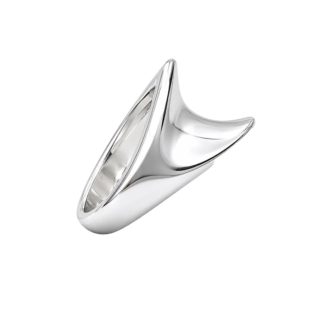 Silver ring with a unique design on a white background