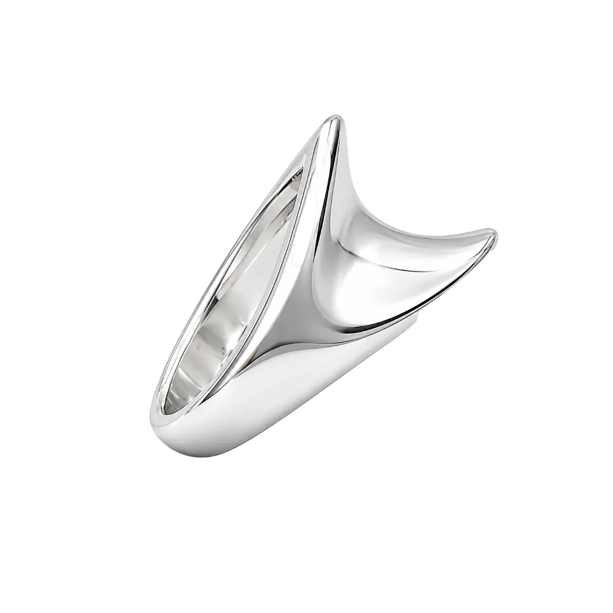 Silver ring with a unique design on a white background