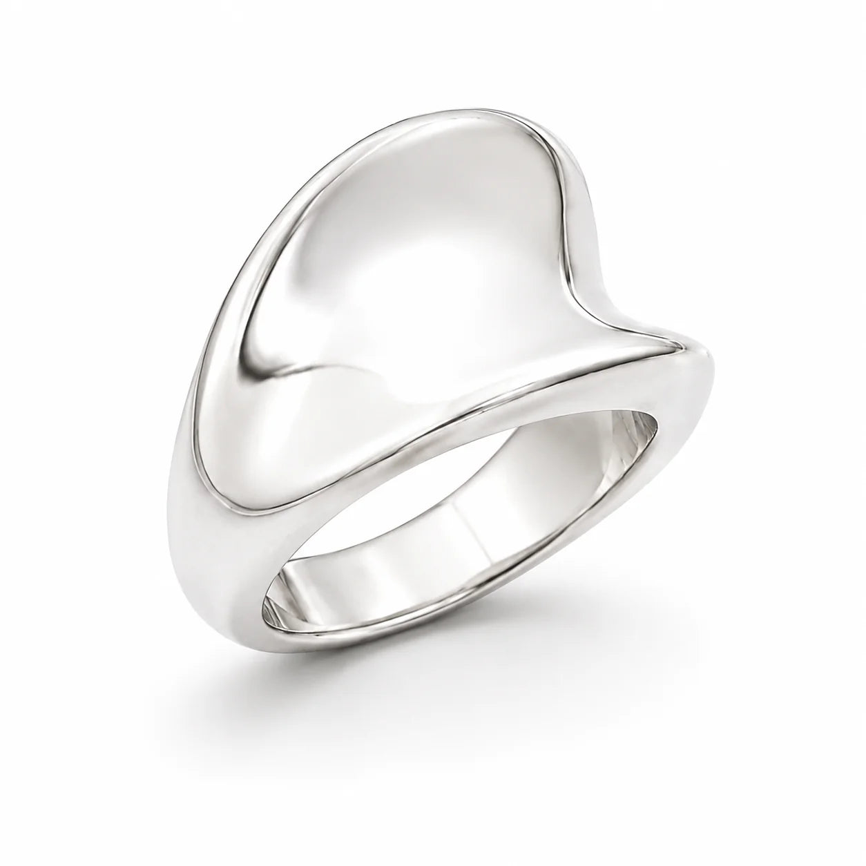 Silver ring with a modern design on a white background