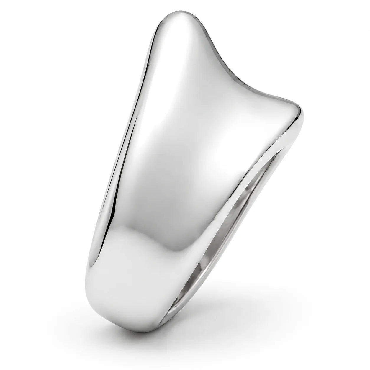 Silver ring with a modern design on a white background