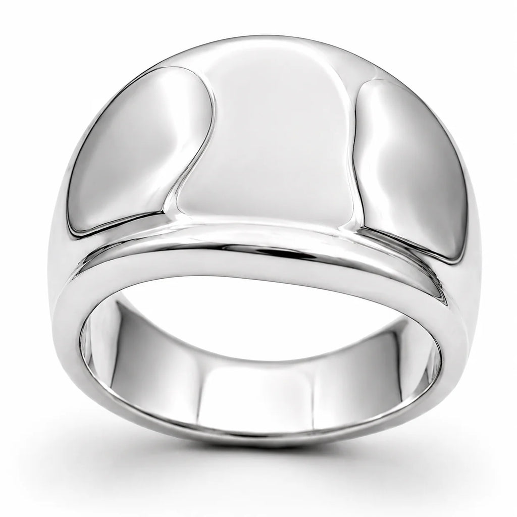 Silver ring with a modern design on a white background