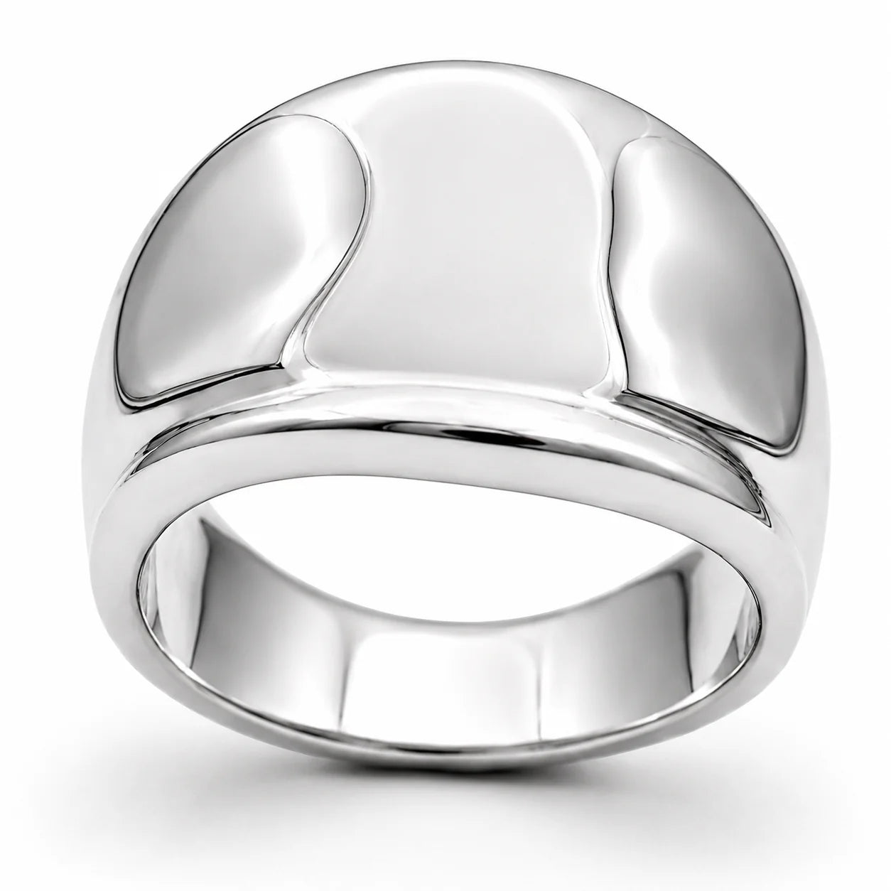 Silver ring with a modern design on a white background