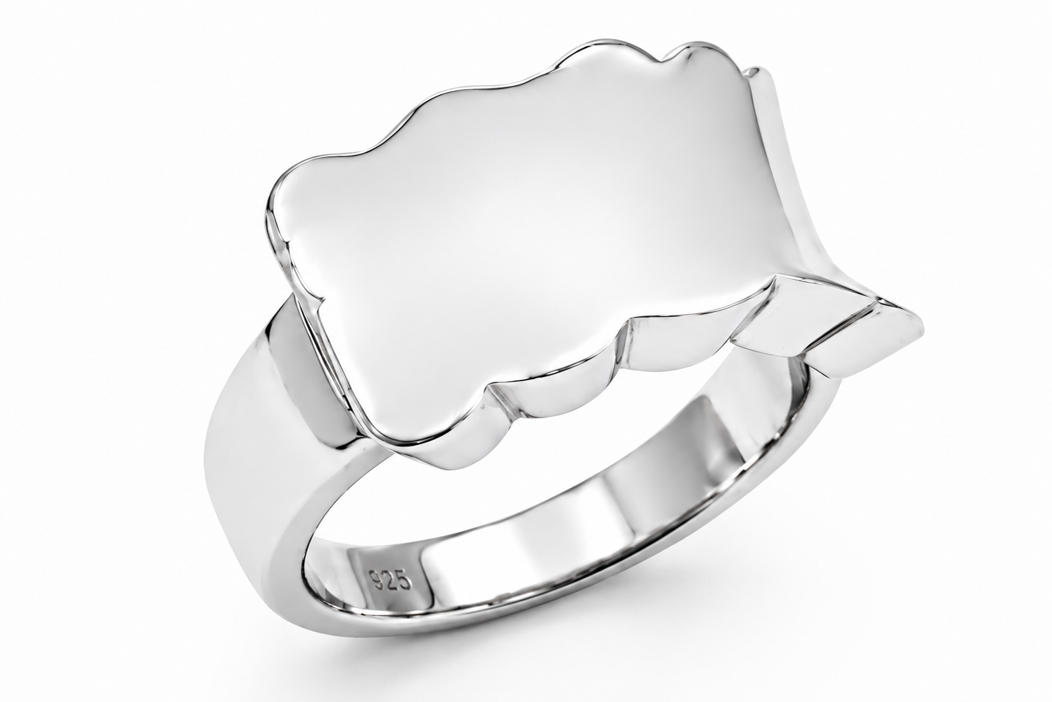 Silver ring with a textured band on a white background