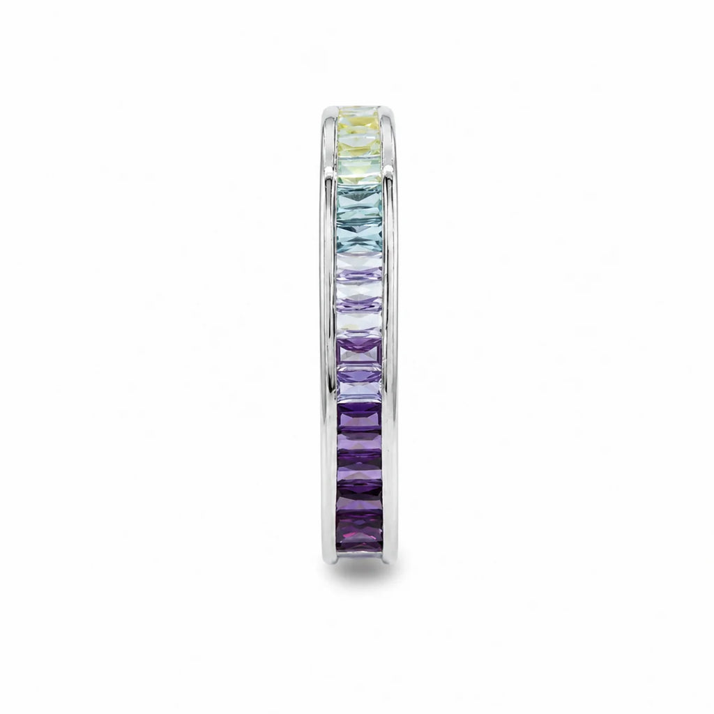 Multicolored gemstone eternity ring on a white background