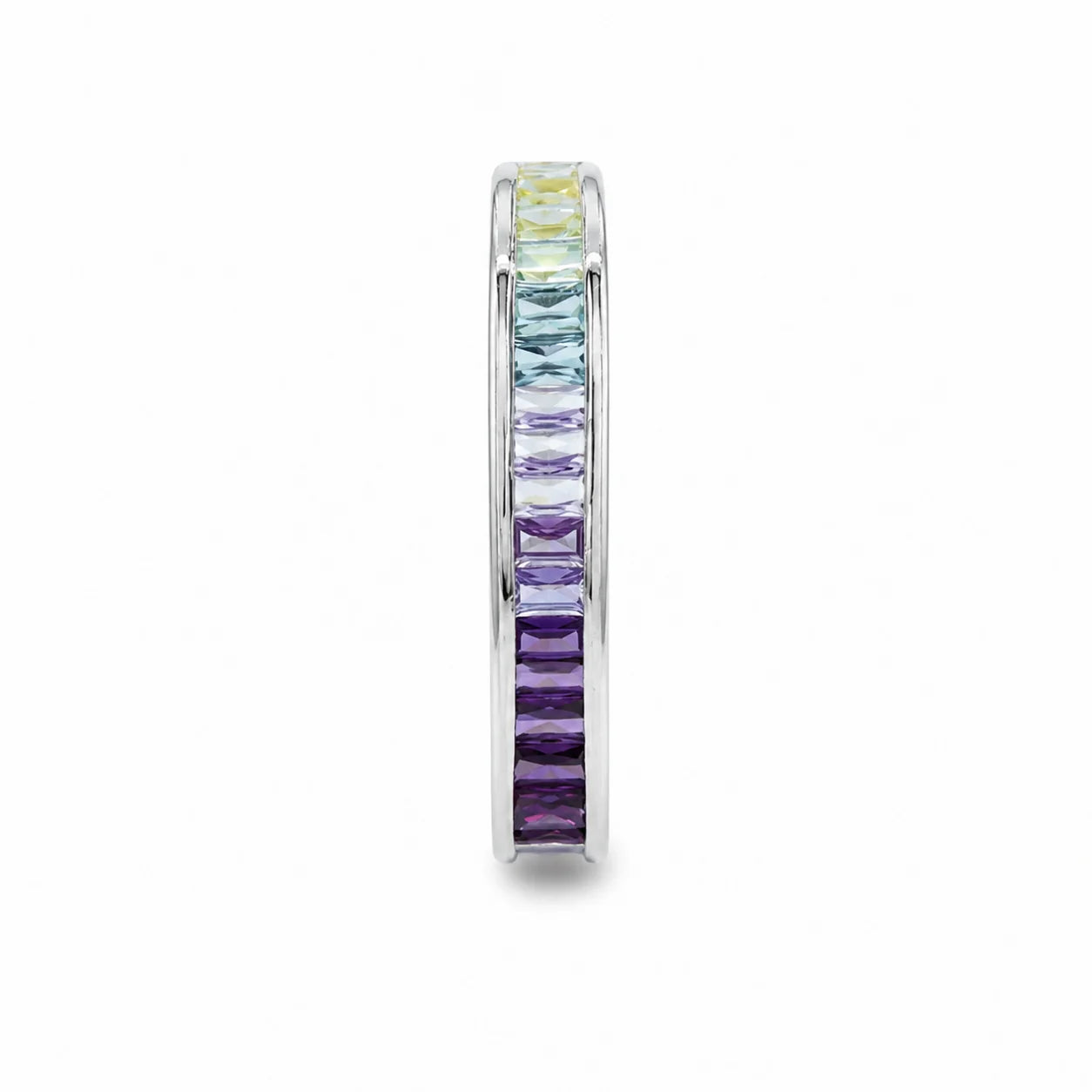 Multicolored gemstone eternity ring on a white background