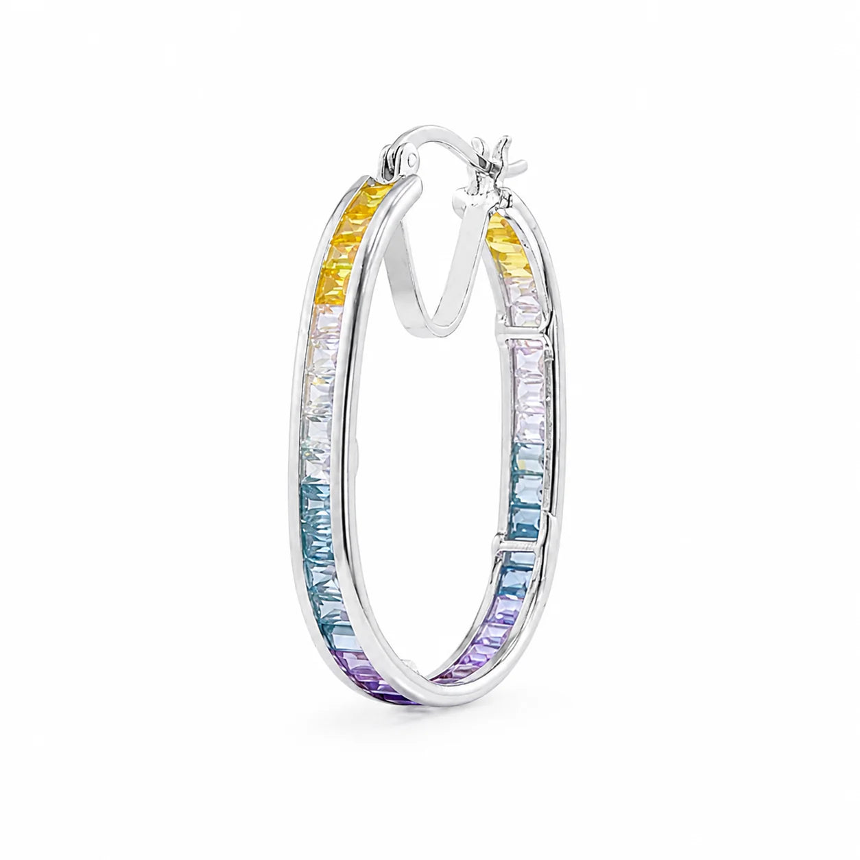 Multicolored hoop earrings on a white background