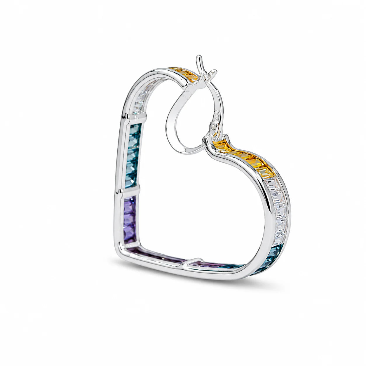 Heart-shaped earring with multicolored gemstones on a white background