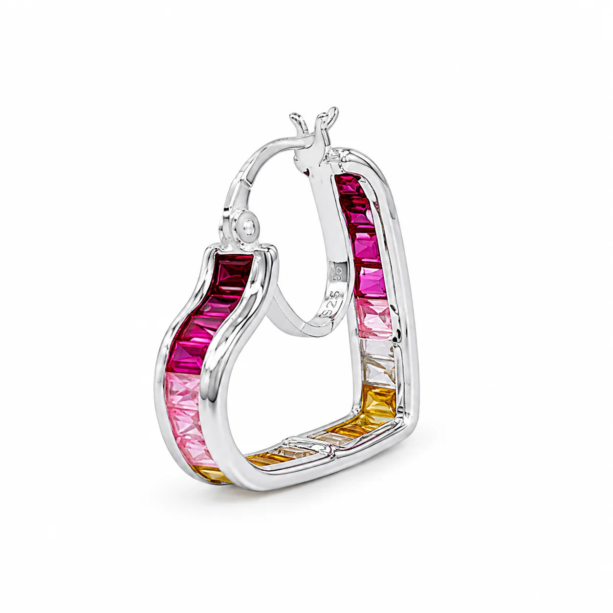 Silver hoop earrings with pink and yellow gemstones on a white background