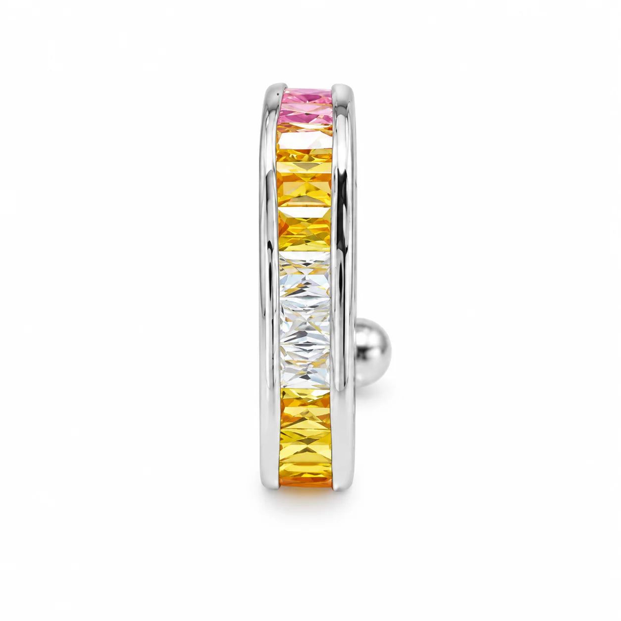 Silver earring with multicolored gemstones on a white background