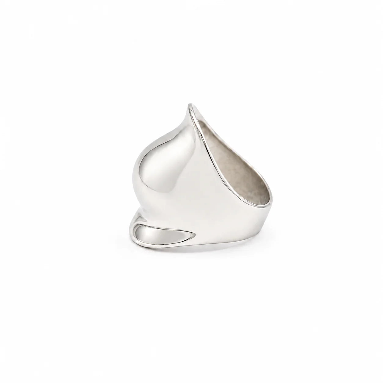 Silver ring with a unique design on a white background