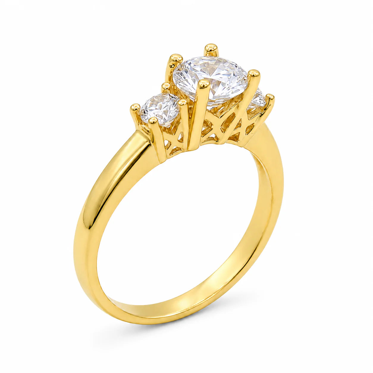Gold ring with three diamonds on a white background