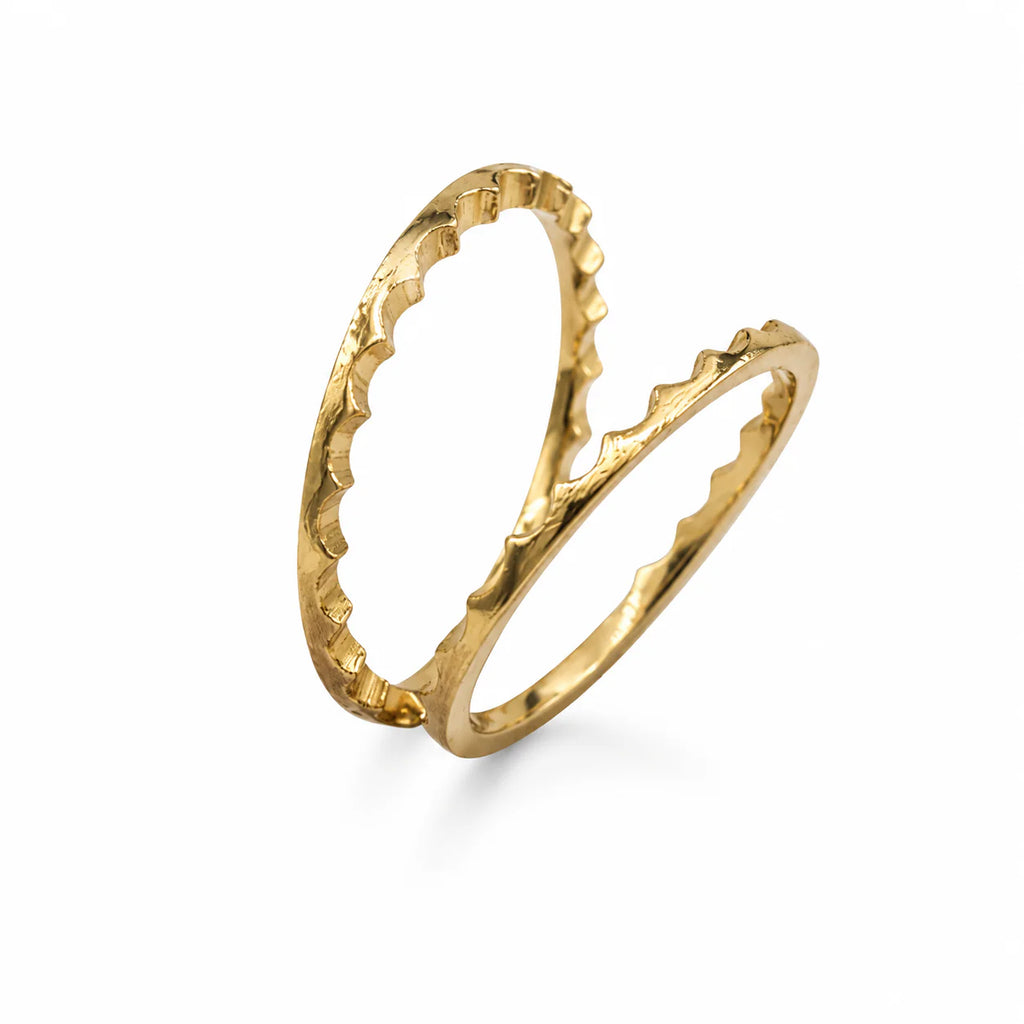 Gold ring with a textured design on a white background