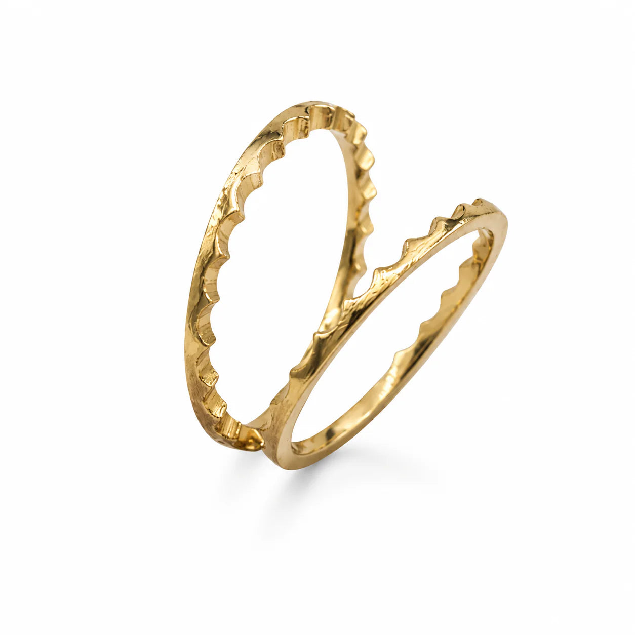 Gold ring with a textured design on a white background