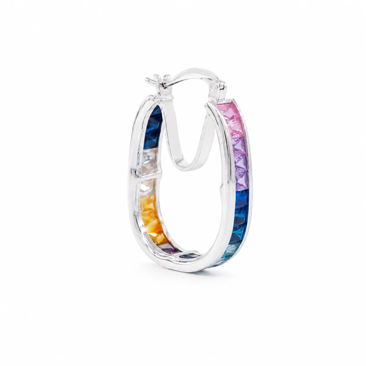 Silver hoop earring with multicolored interior on a white background
