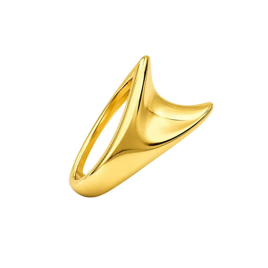 Gold ring with a unique design on a white background
